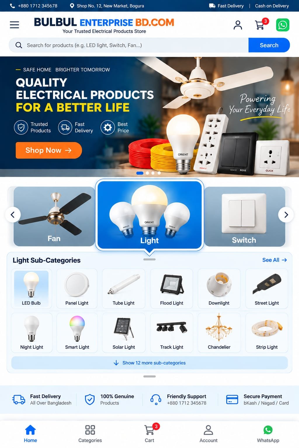 Fan, red and yellow wire, bulb, power strip, switch and socket